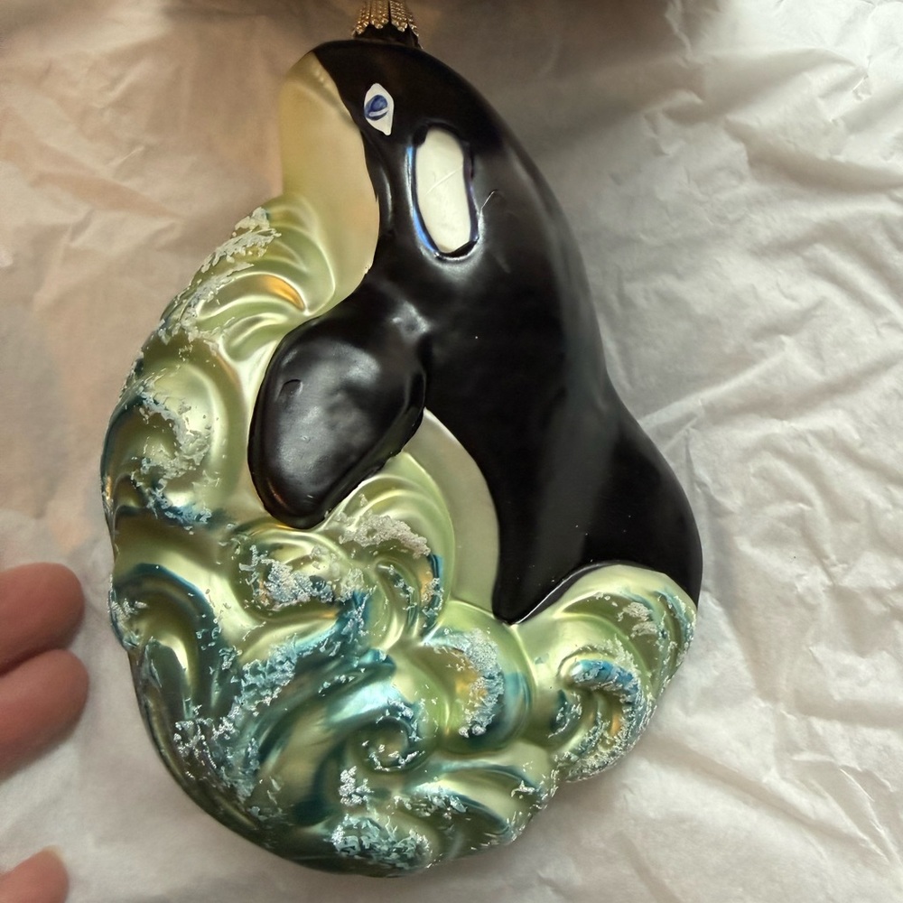 Whale Blown Glass Ornament Orca Christmas Decoration Black White Wave Vtg - Picture 4 of 10